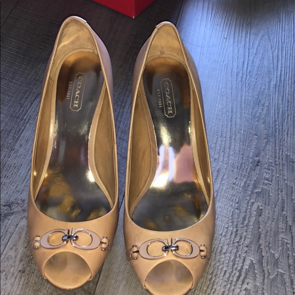 Peep toe coach wedges
